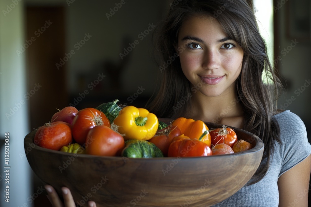 fresh vegetables in a wooden bowl held by a smiling person fresh vegetables in a wooden bowl held by a smiling person