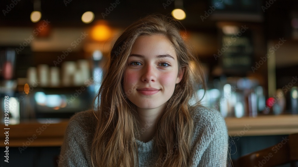 young woman smiling in a cozy cafe young woman smiling in a cozy cafe