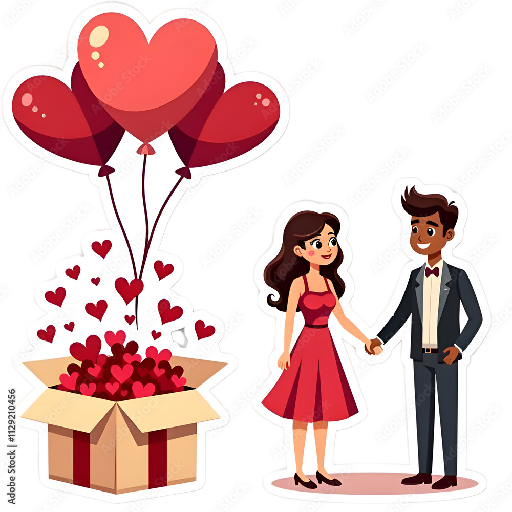 Romantic Couple Celebrating Valentines Day with Heart Balloons and Gift Box Overflowing with Love Romantic Couple Celebrating Valentines Day with Heart Balloons and Gift Box Overflowing with Love