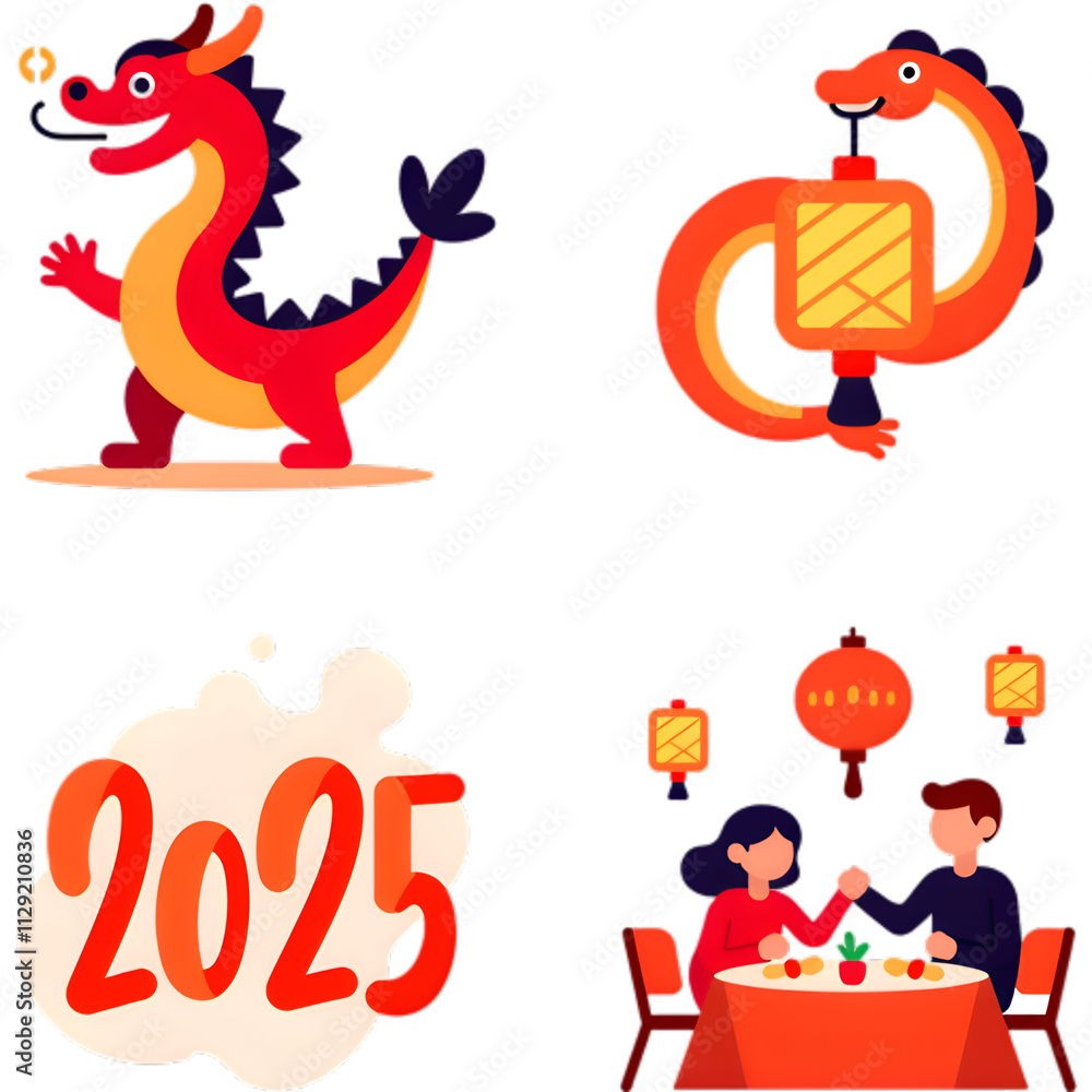 Obraz premium 2025 Chinese New Year Celebration: Dragons, Lantern, and Family Dinner