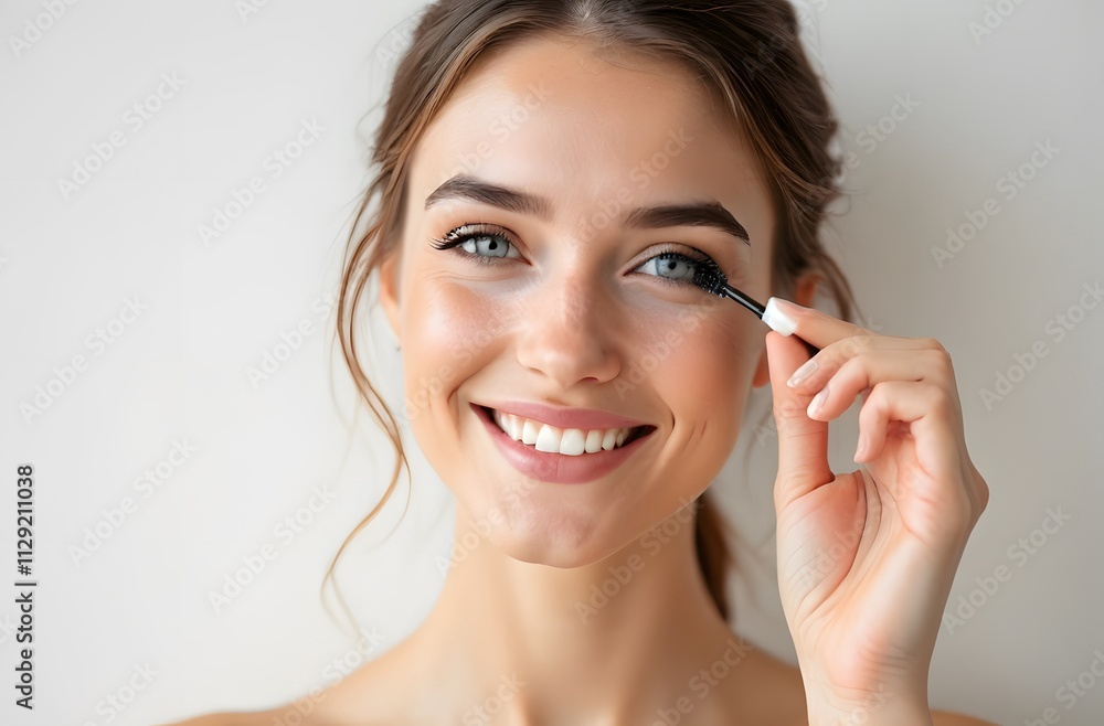 A smiling woman is applying mascara to her lashes with a mascara wand, accentuating them. She has clear blue eyes and glowing skin. Perfect for advertising a product catalog. A smiling woman is applying mascara to her lashes with a mascara wand, accentuating them. She has clear blue eyes and glowing skin. Perfect for advertising a product catalog.