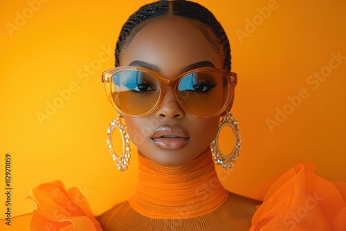 Stylish Black woman in a vibrant orange fashion ensemble against a sleek background