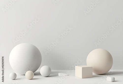 Minimal 3D objects like spheres or cubes, on a clean background with smooth surfaces, soft shadows, and a subtle finish. Neutral tones like white, gray, or pastels for a balanced, modern look.