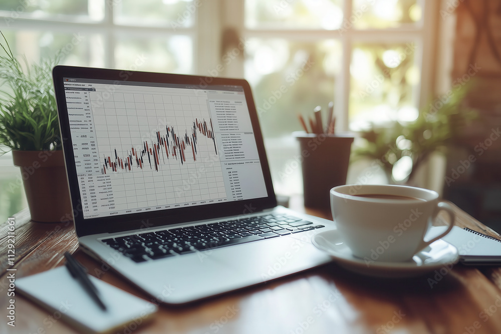 Fototapeta premium laptop with graphs or charts moving upward on office desk with cup of coffee