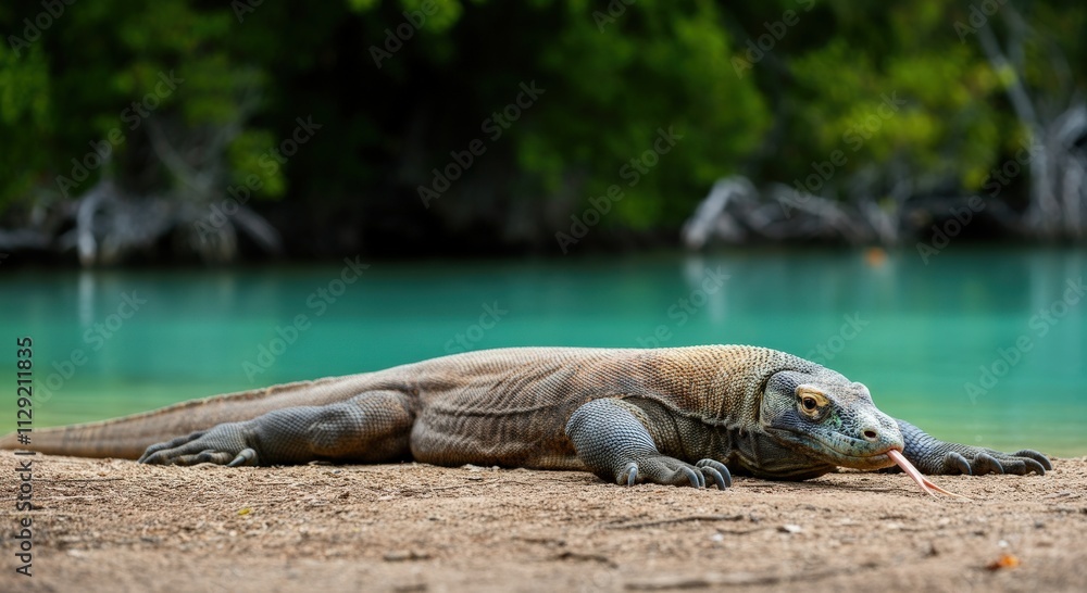Obraz premium Komodo dragon by turquoise water in tropical wildlife habitat
