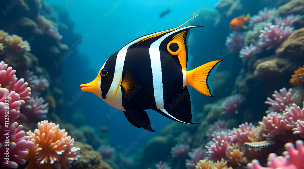 A Colorful Underwater Journey Featuring a Striking Fish Among Vibrant Coral Reefs