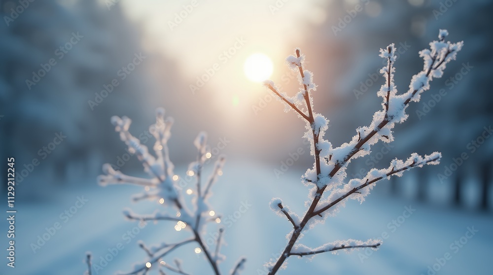 Obraz premium Winter Wonderland: Snow Covered Branches at Sunrise in a Frosty Forest