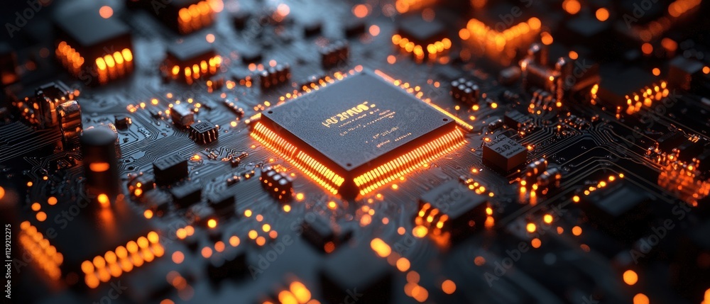 close-up of a circuit board illuminated with orange lights, showcasing intricate electronic components. close-up of a circuit board illuminated with orange lights, showcasing intricate electronic components.