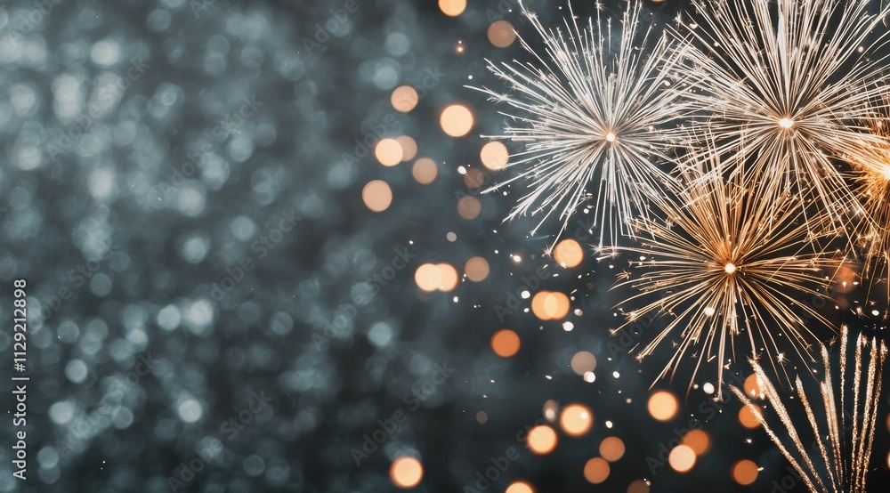 Fototapeta premium Festive new year's background featuring fireworks and bokeh lights, evoking a celebratory atmosphere against a dark backdrop