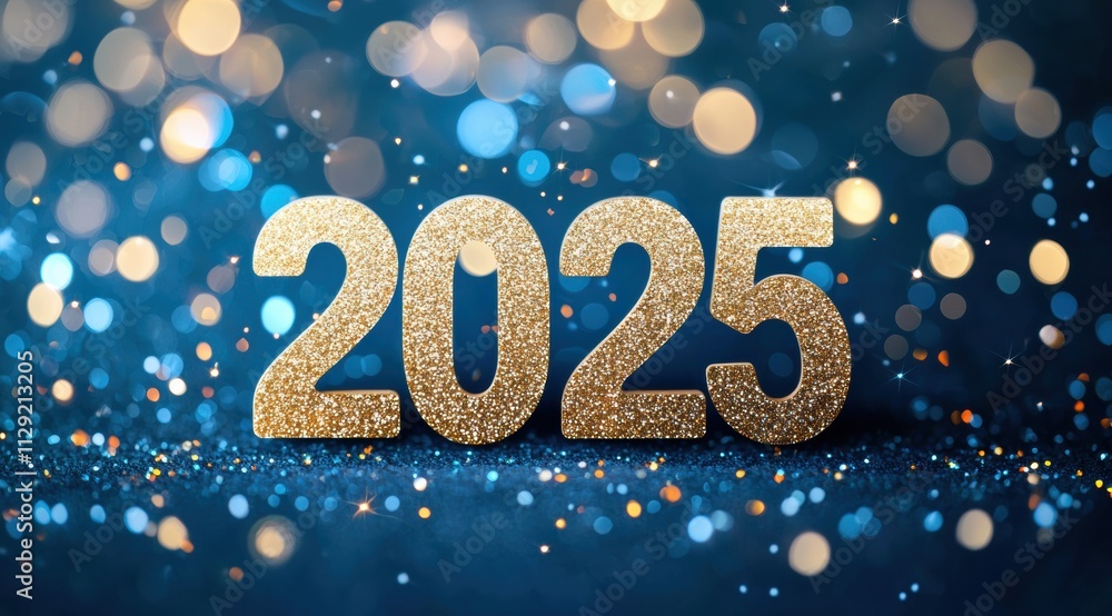 Golden glitter numbers 2025 sparkling on a glittering blue background with bokeh effect, ideal for new year's eve celebrations and festive projects Golden glitter numbers 2025 sparkling on a glittering blue background with bokeh effect, ideal for new year's eve celebrations and festive projects