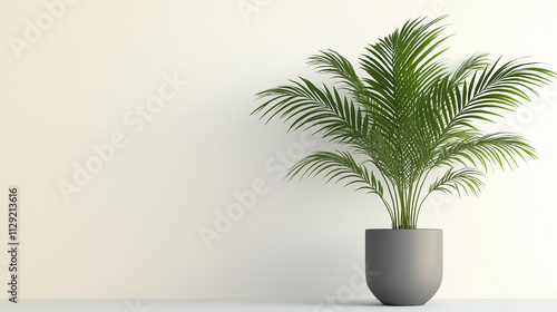 Green parlour palm growing in modern grey pot on empty white wall background