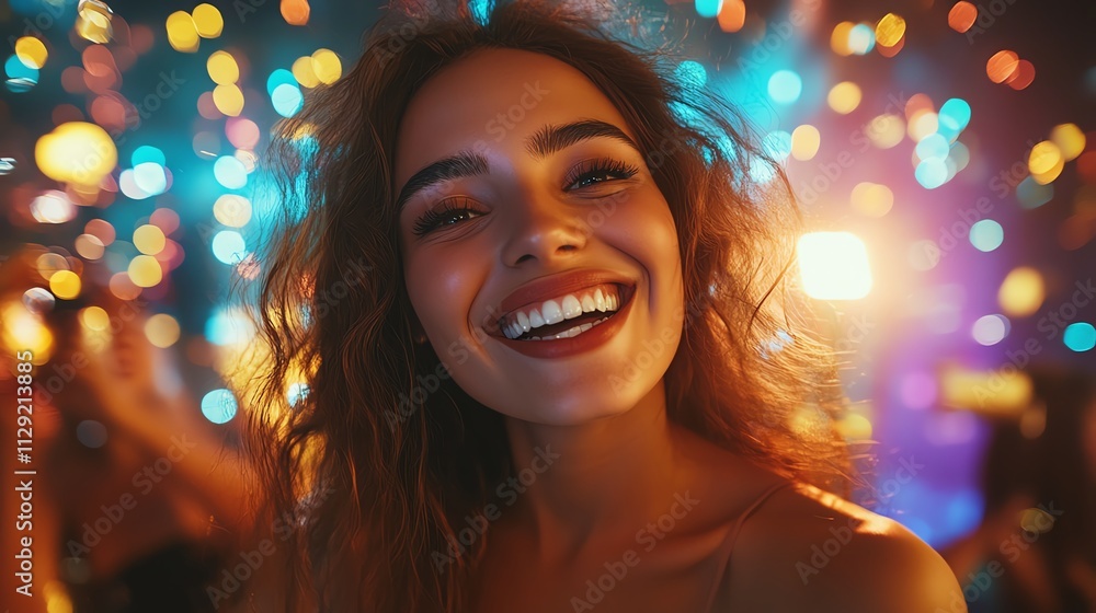 Happy Woman at a Concert, Illuminated by Colorful Lights Happy Woman at a Concert, Illuminated by Colorful Lights