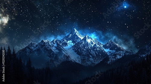 Stunning nighttime view of snowy forest and mountains under starry sky