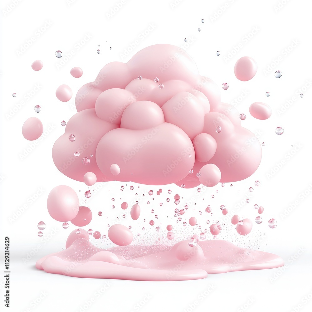 Soft Pink Cloud with Bubbles and Liquid Splash on White Background Soft Pink Cloud with Bubbles and Liquid Splash on White Background