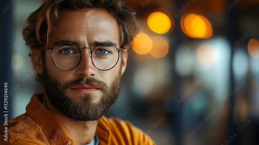 Fototapeta premium A man with glasses and a beard is smiling at the camera