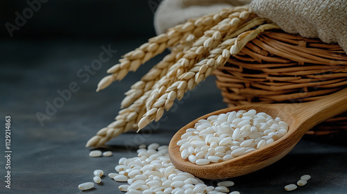 Wooden spoon overflowing with arborio rice and wheat stalks photo