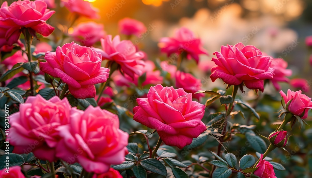 Garden at dawn, with roses in vibrant pinks and reds just beginning to catch the morning light, A faint mist hovers over the garden, and delicate cobwebs glisten with dew between the flowers. Garden at dawn, with roses in vibrant pinks and reds just beginning to catch the morning light, A faint mist hovers over the garden, and delicate cobwebs glisten with dew between the flowers.
