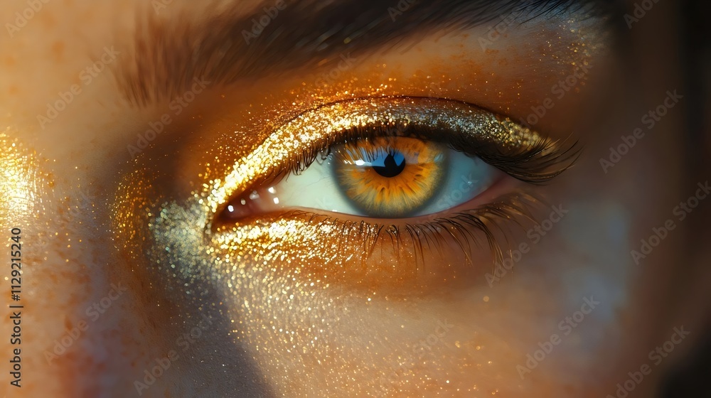 A woman's eye is highlighted with gold glitter A woman's eye is highlighted with gold glitter