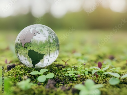 A glass globe representing Earth, resting on lush green moss, symbolizing nature's beauty and the importance of environmental preservation.