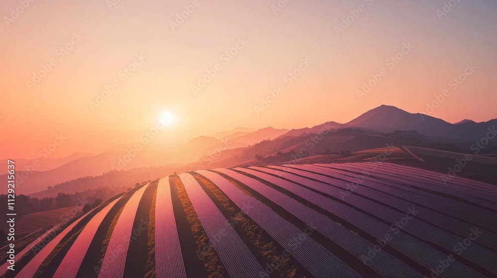 Serene Sunset Over Rolling Fields with Colorful Crop Patterns Serene Sunset Over Rolling Fields with Colorful Crop Patterns