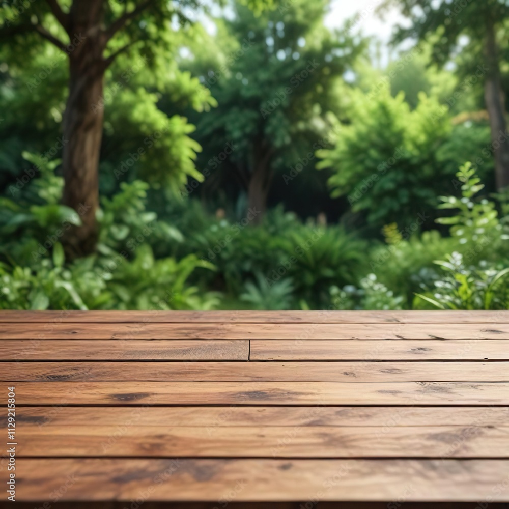 Close-up shot of wooden table top surrounded by blurry greenery, wooden, texture Close-up shot of wooden table top surrounded by blurry greenery, wooden, texture