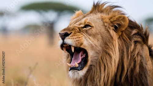 portrait of a lion animal theme in nature and sunset meaning leadership and power photo