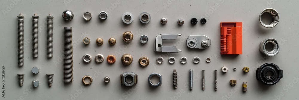 Various car parts and tools including bolts, nuts, spark plugs, and wrenches are organized on a flat surface, leaving space for additional text. Generative AI Various car parts and tools including bolts, nuts, spark plugs, and wrenches are organized on a flat surface, leaving space for additional text. Generative AI