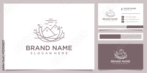 Home nest logo with line art concept with business card