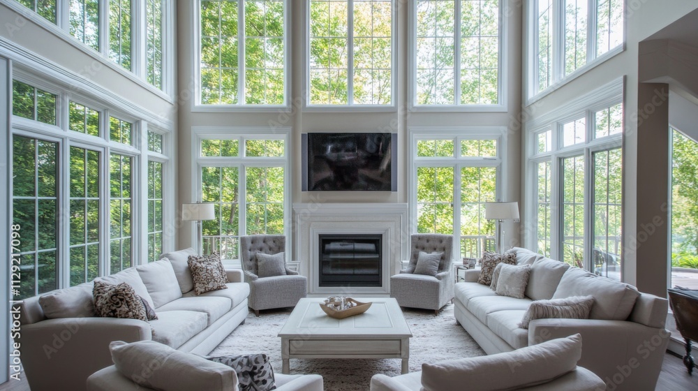 Fototapeta premium Elegant Modern Living Room with Large Windows and Natural Light