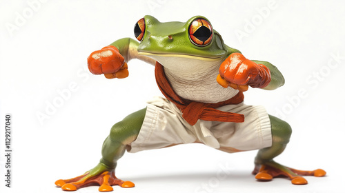 Playful frog in a karate fighting stance, isolated in white background photo