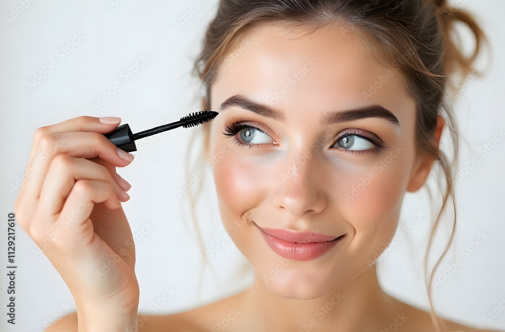 A smiling woman is applying mascara to her lashes with a mascara wand, accentuating them. She has clear blue eyes and glowing skin. Perfect for advertising a product catalog. A smiling woman is applying mascara to her lashes with a mascara wand, accentuating them. She has clear blue eyes and glowing skin. Perfect for advertising a product catalog.