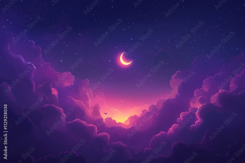 Crescent Moon and Stars Above Clouds Crescent Moon and Stars Above Clouds