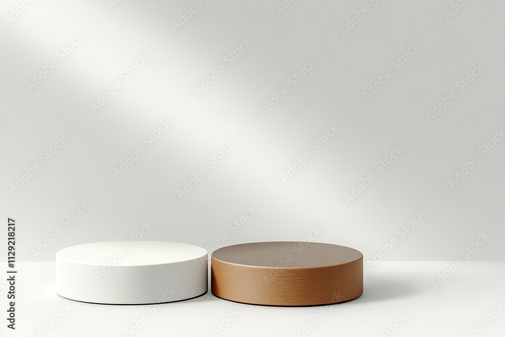 Minimalist circular podiums creating a soft blend of light and shadow on a plain wall for product display Minimalist circular podiums creating a soft blend of light and shadow on a plain wall for product display