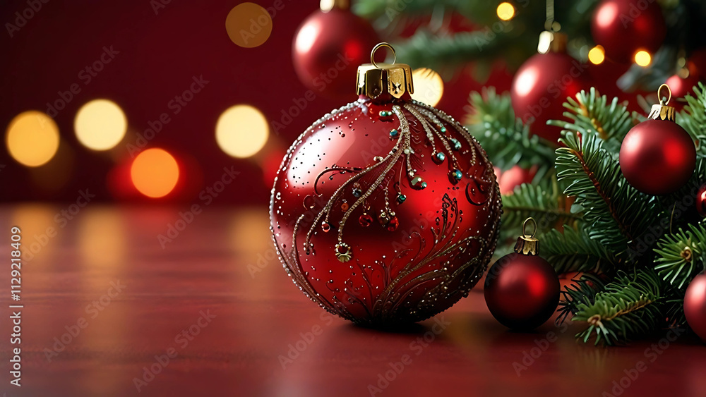 Joyful Christmas Tree Glowing with Red Baubles and Abstract Lights Joyful Christmas Tree Glowing with Red Baubles and Abstract Lights
