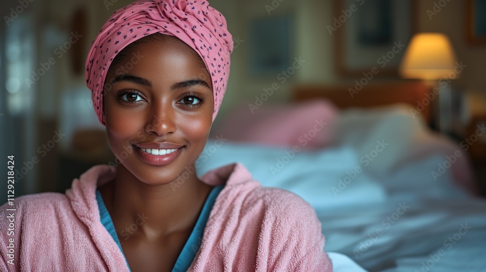 smiling woman in a cozy robe and headwrap, set in a softly lit bedroom environment. smiling woman in a cozy robe and headwrap, set in a softly lit bedroom environment.