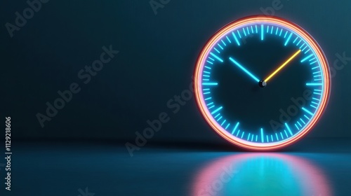 Futuristic neon clock illustration with vibrant blue background and glowing elements showcasing modern digital design