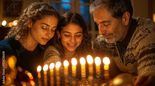 Loving Father and Daughters Sharing Intimate Hanukkah Candle Lighting Moment photo