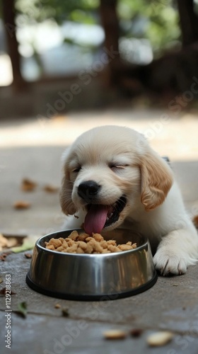 A cute golden retriever puppy joyfully eats its meal, showing pure happiness while licking food from a bowl in a serene outdoor setting on a sunny day. photo