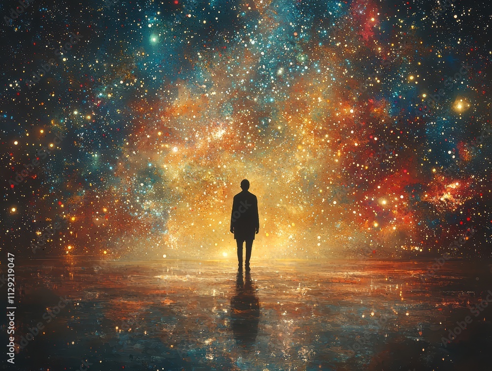 A mysterious silhouette of a man against a cosmic background galaxy digital art dreamlike environment wide angle exploration A mysterious silhouette of a man against a cosmic background galaxy digital art dreamlike environment wide angle exploration