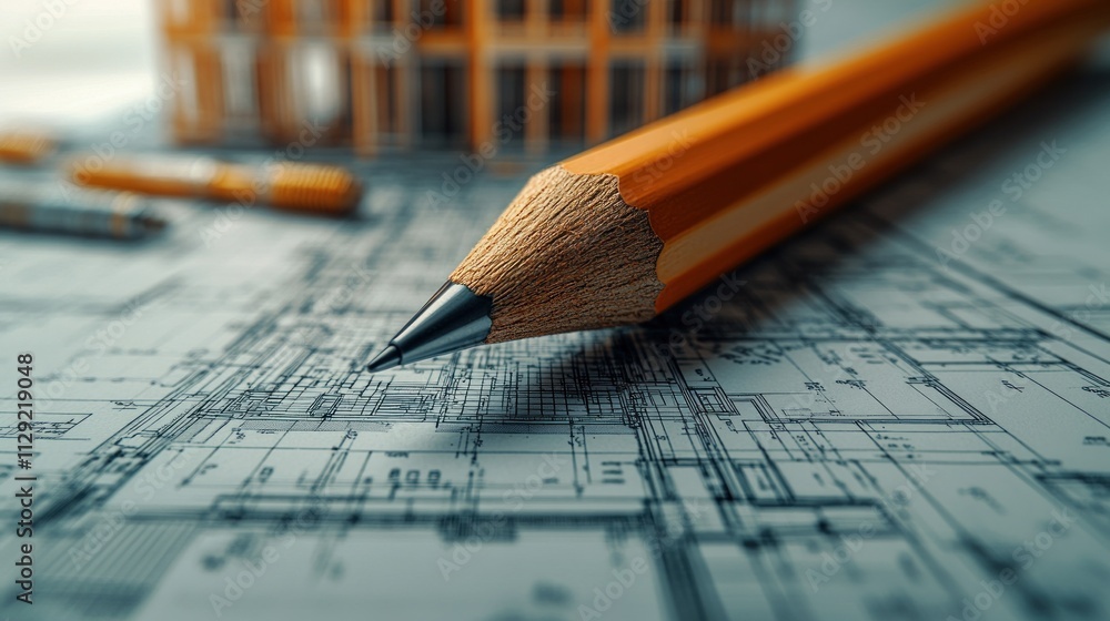 close-up of a pencil on architectural blueprints, symbolizing design and planning in construction. close-up of a pencil on architectural blueprints, symbolizing design and planning in construction.