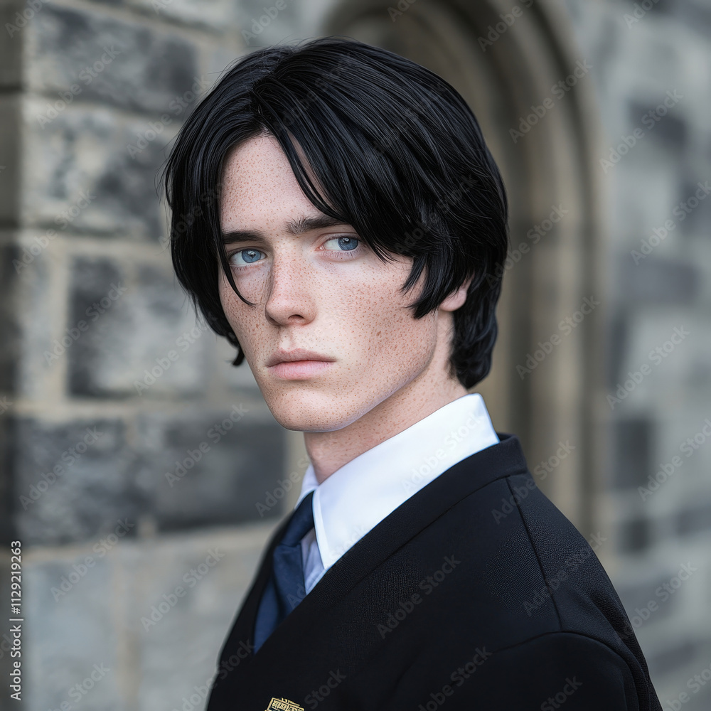Portrait Young Man with Black Hair and Blue Eyes in Formal Attire Portrait Young Man with Black Hair and Blue Eyes in Formal Attire