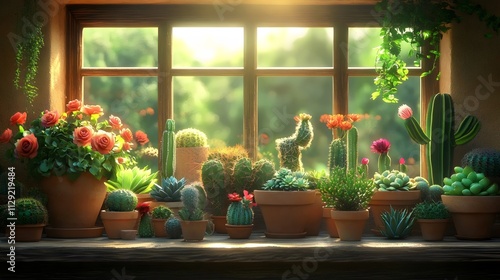 A window sill with a variety of potted plants, including cacti and flowers photo