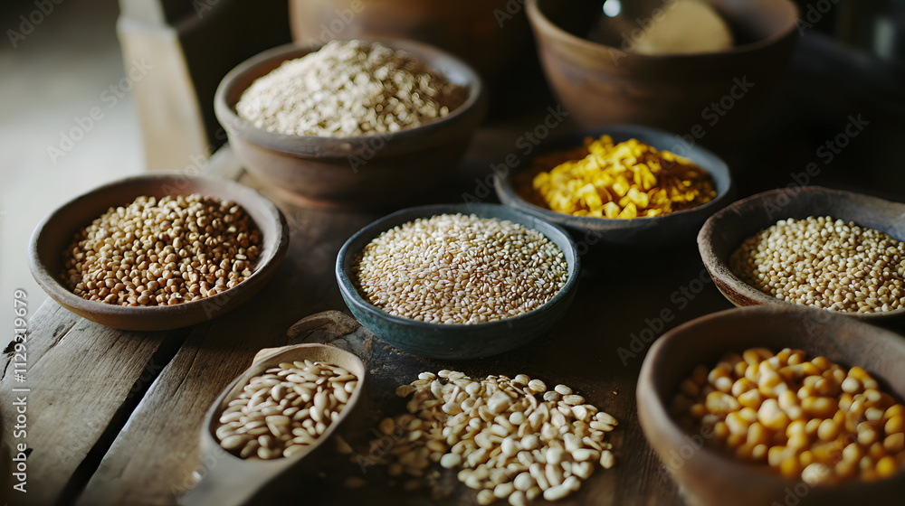Assorted grains and seeds in bowls on a wooden table Assorted grains and seeds in bowls on a wooden table
