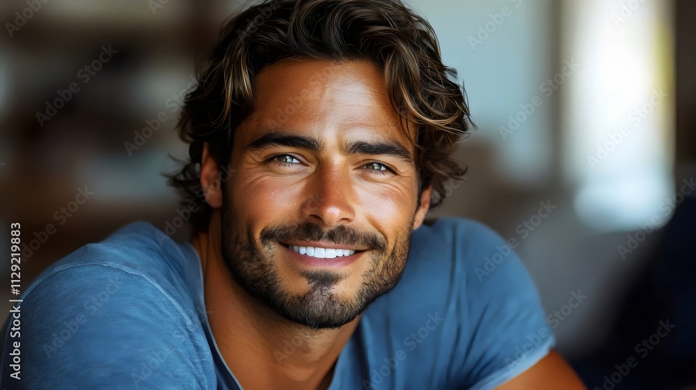 A man with a beard and a blue shirt is smiling A man with a beard and a blue shirt is smiling