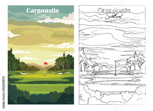 Golf Course Poster Art Prints - Carnoustie Golf Links, Scotland, Vector illustration, Hand drawn