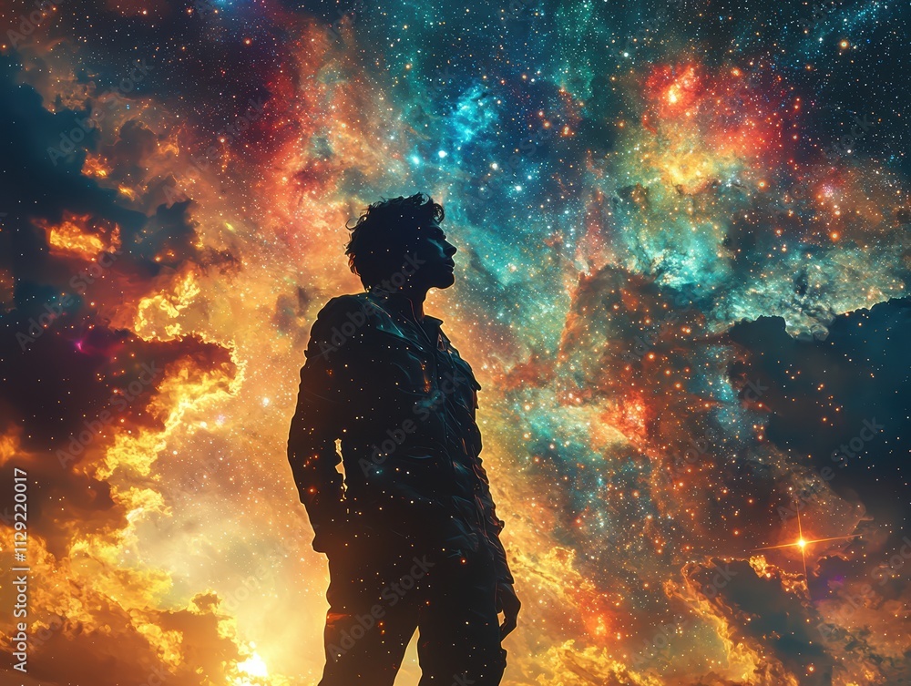 Mysterious cosmic exploration a silhouette man against the colorful galactic sky fantasy art dreamlike environment inspirational viewpoint Mysterious cosmic exploration a silhouette man against the colorful galactic sky fantasy art dreamlike environment inspirational viewpoint