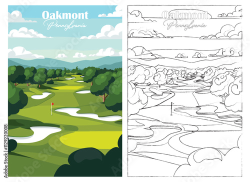 Golf Course Poster Art Prints - Oakmont Country Club, Pennsylvania, Vector illustration, Hand drawn