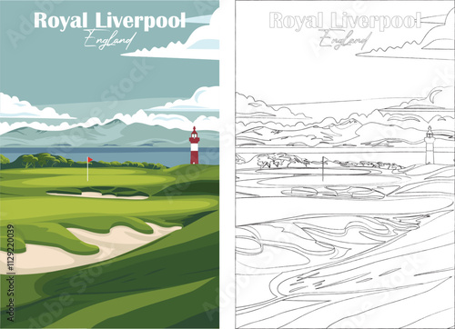 Golf Course. Vector modern illustration of Royal Liverpool Golf Club, Hoylake, England, Northern Ireland with club and hole, golf course for poster, flyer, invitation, ticket or background