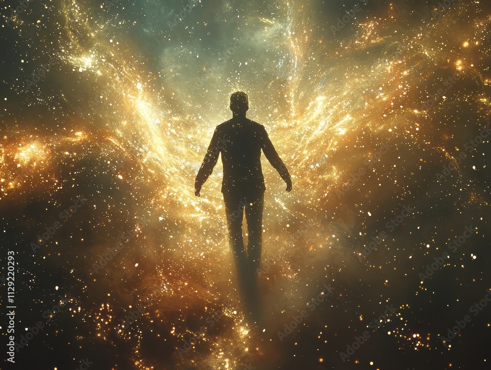 Man in black silhouette emerging from cosmic energy space digital art nebula back view transformation concept Man in black silhouette emerging from cosmic energy space digital art nebula back view transformation concept