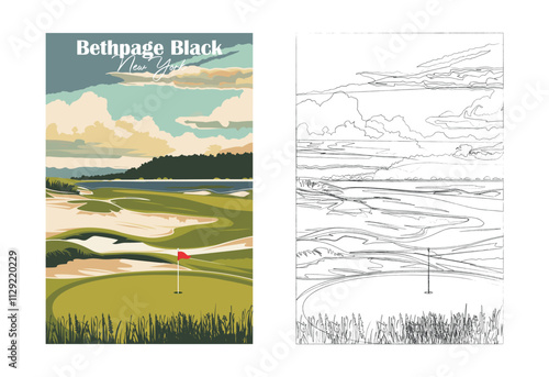 Golf Course. Vector modern illustration of Bethpage Black, New York with club and hole, golf course for poster, flyer, invitation, ticket or background